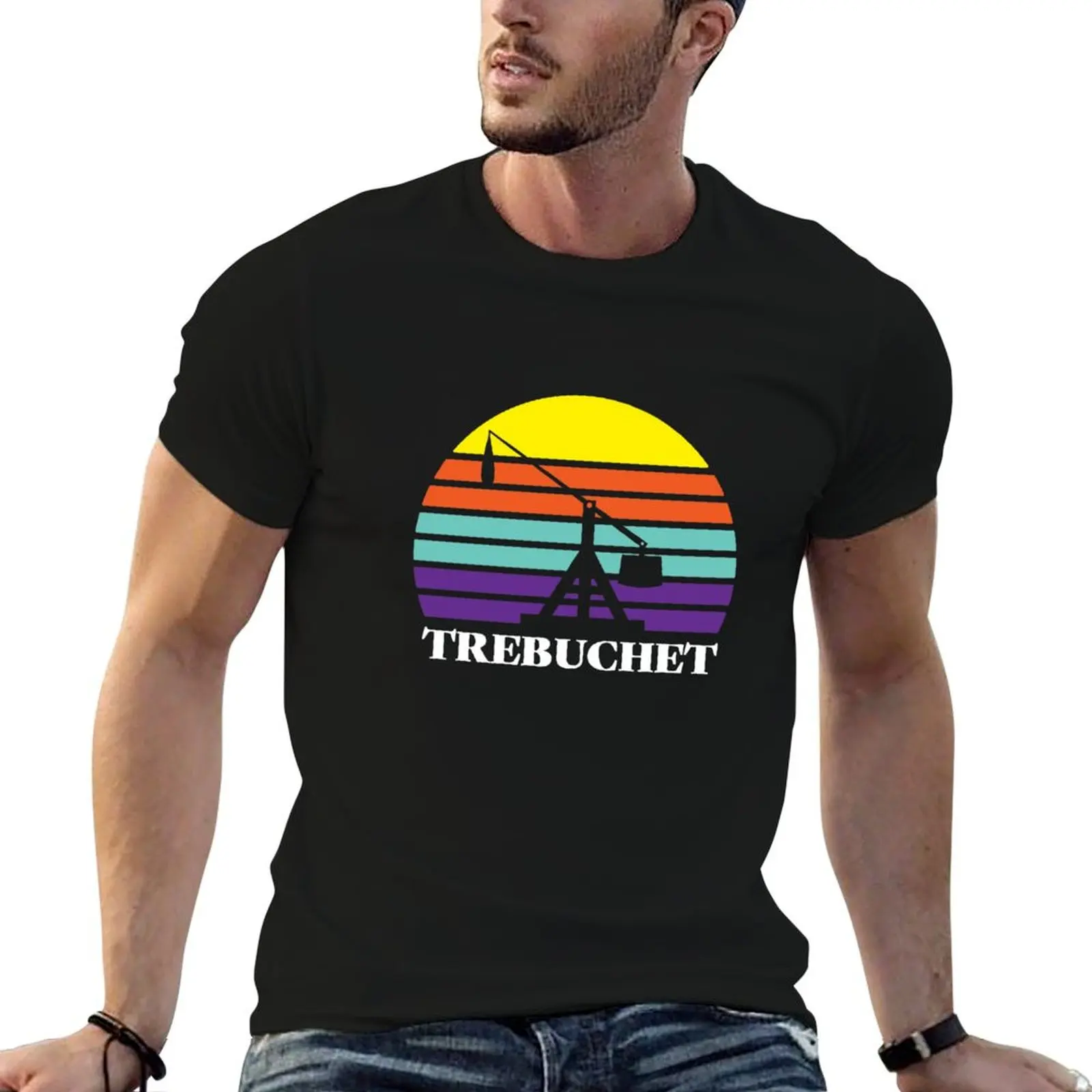 

Retro Trebuchet sun design T-Shirt quick drying blue archive vintage graphic tee sports fans t shirt men 100℅ cotton