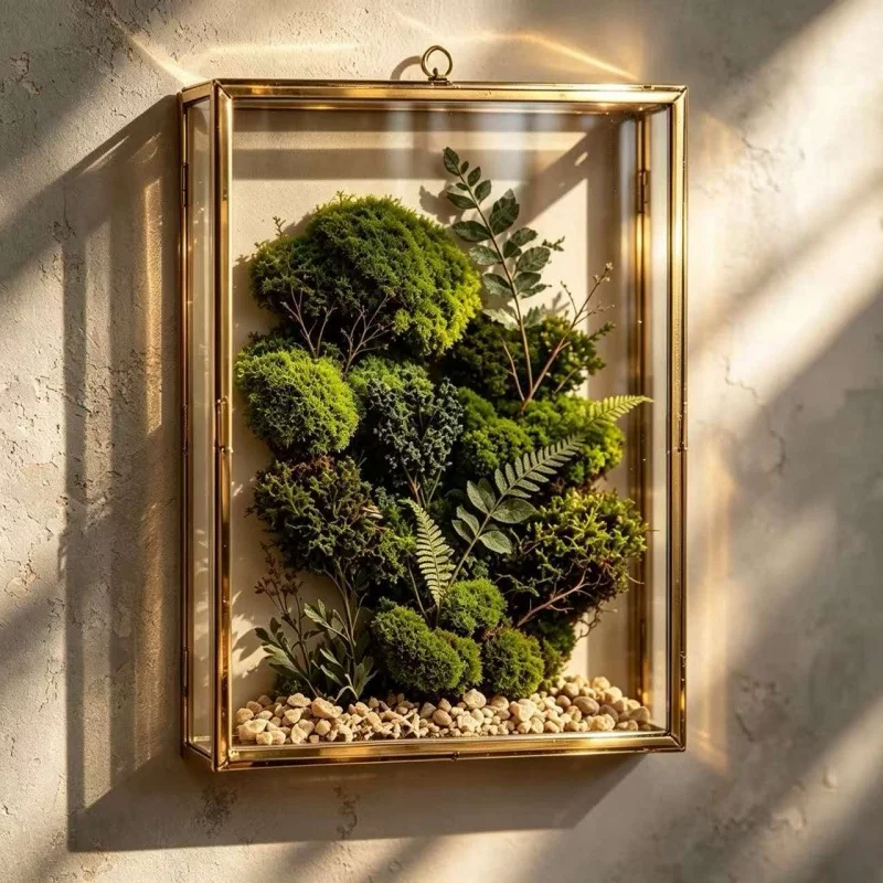 Moss Wall Art Glass Frame Micro‑landscape Glass Terrarium Preserved Moss Fern Vase Container Indoor Wall Hanging Botanical Decor