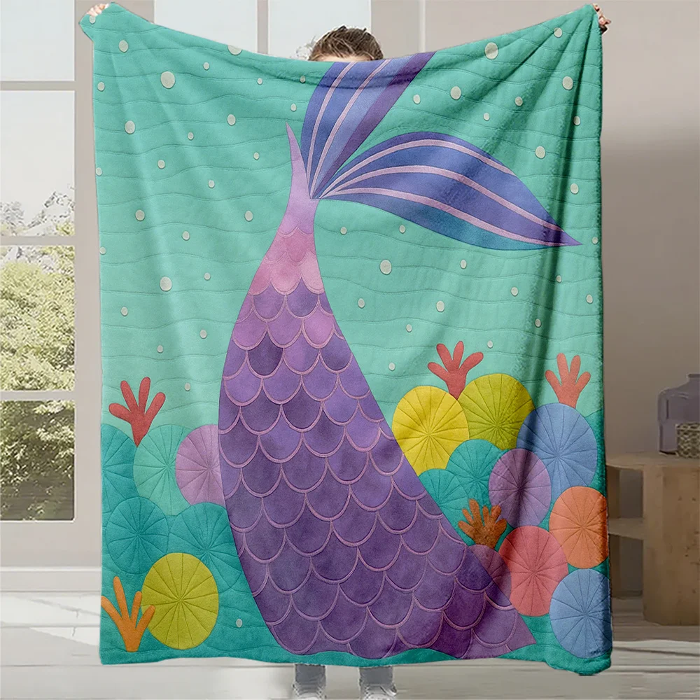1pc Turquoise Blue & Purple Mermaid Tail Plush Blanket - Soft Quilted Flannel Bedspread with Shimmering Scales, All-Season