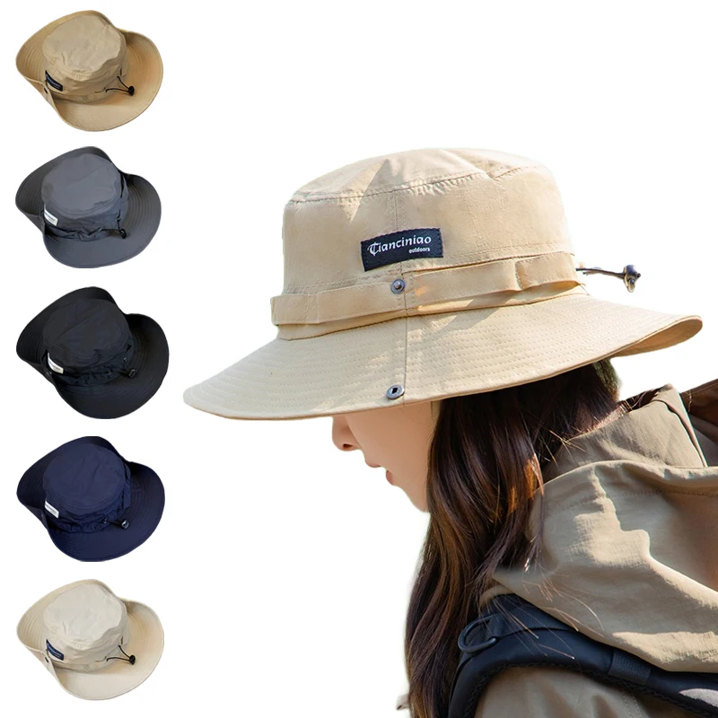 

Summer Bucket Hat for Outdoor UV Protection Unisex Fisherman Cap Hiking Travel Beach with Windproof Rope Men Women Climbing Hat