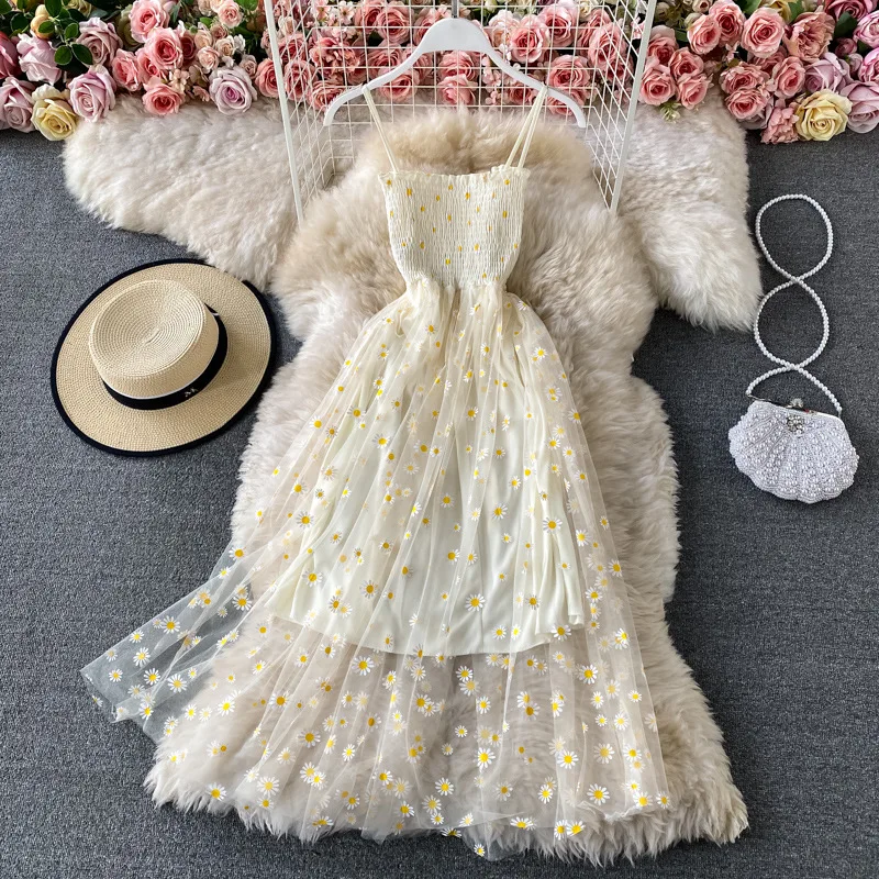 Spaghetti Strap Floral Daisy Mesh Dress for Women French Retro Sleeveless Summer Elastic Waist Vacation Long Dress Beach Vestido