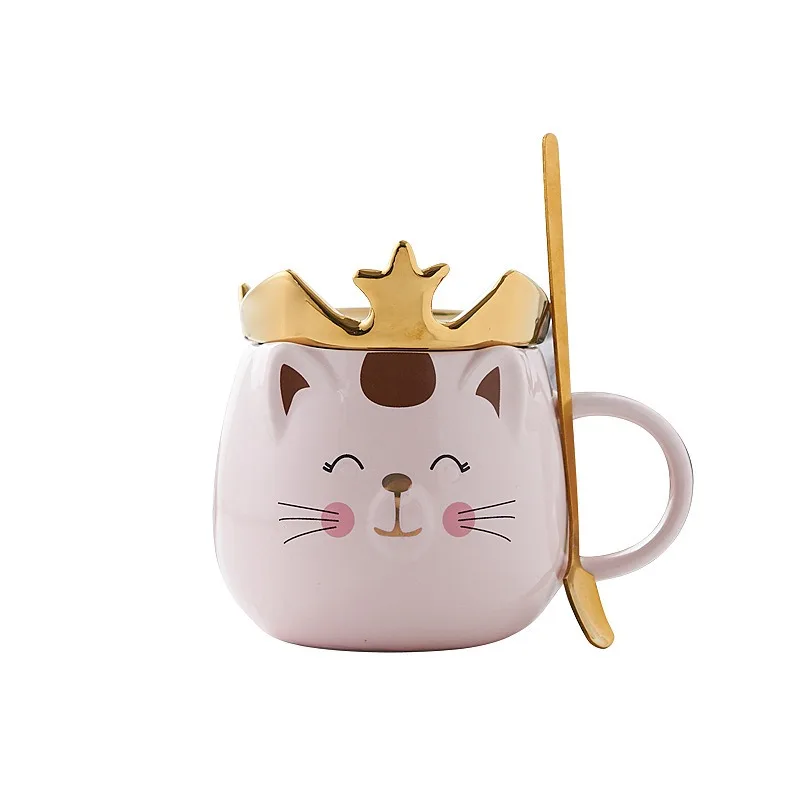 Cat Ceramic Cup Office Home Ceramic Mug Crown Cute Cat with Lid and Spoon Couple Water Cups Drinkware