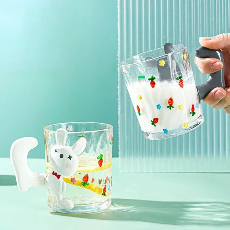 260ml Mug Cute Rabbit Cup Handle Cup Embossed Cute Glass Cup Student Cup Children's Fashion Type Drinking Glasses Mug Drinkware