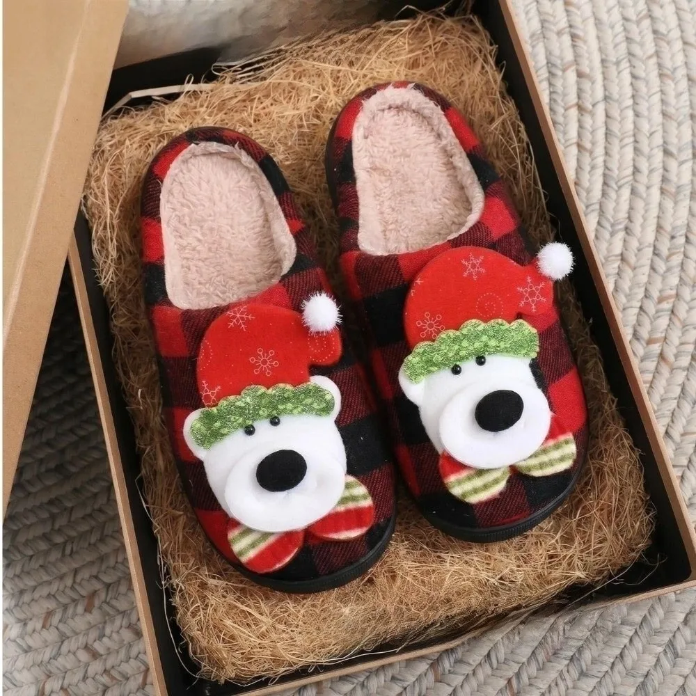 Gifts Bear Christmas Slippers Santa Claus Deer Fuzzy Slippers Plaid Pattern Anti Slip Indoor Slippers Winter view 3