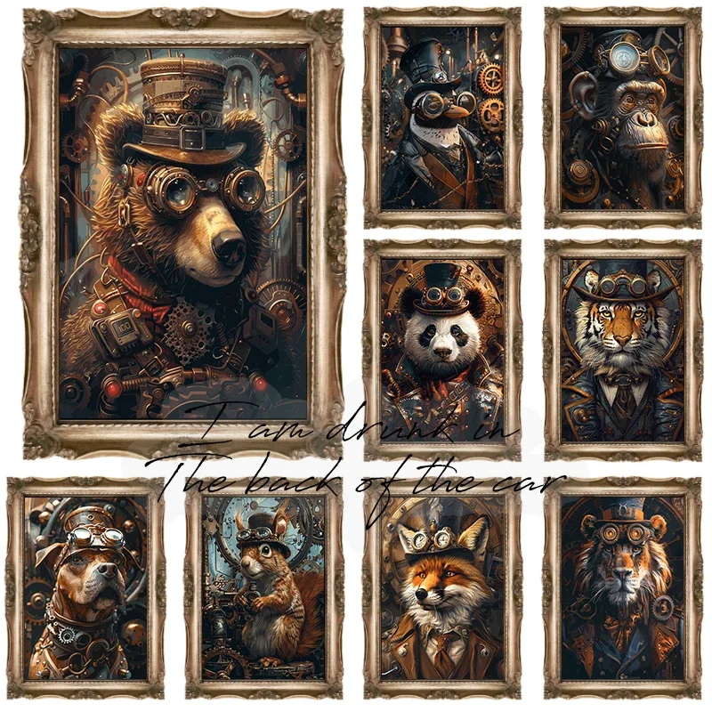 Steampunk Animals Poster Canvas Printing Bear Dog Lion Panda Animals Steampunk Wall Art Decor Gaming Room Home Wall Decoration