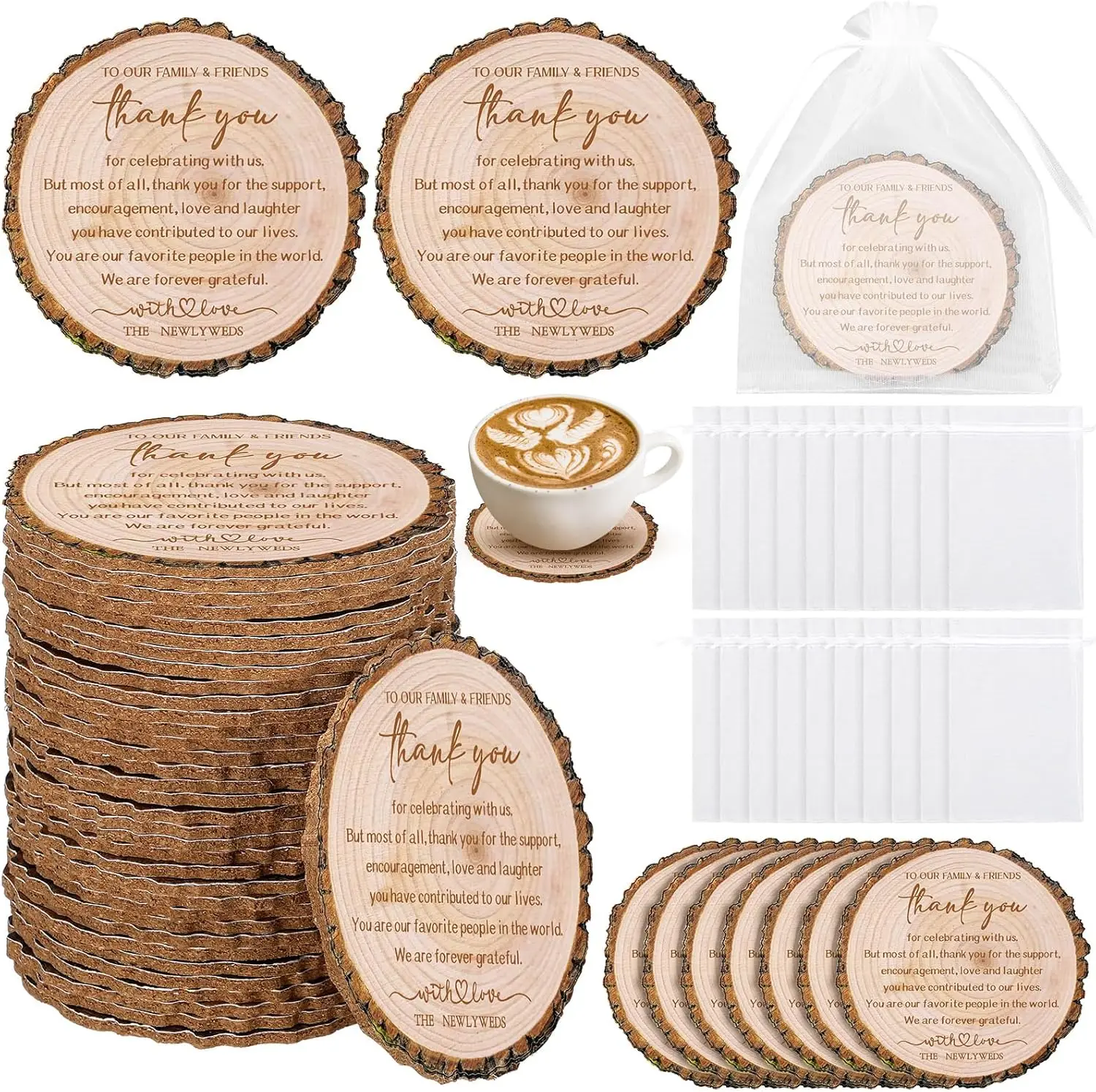 

200 Pcs Rustic Wood Coasters Wedding Favors for Guests with Thank You Message, Bulk Party Decor Bridal Shower Gift