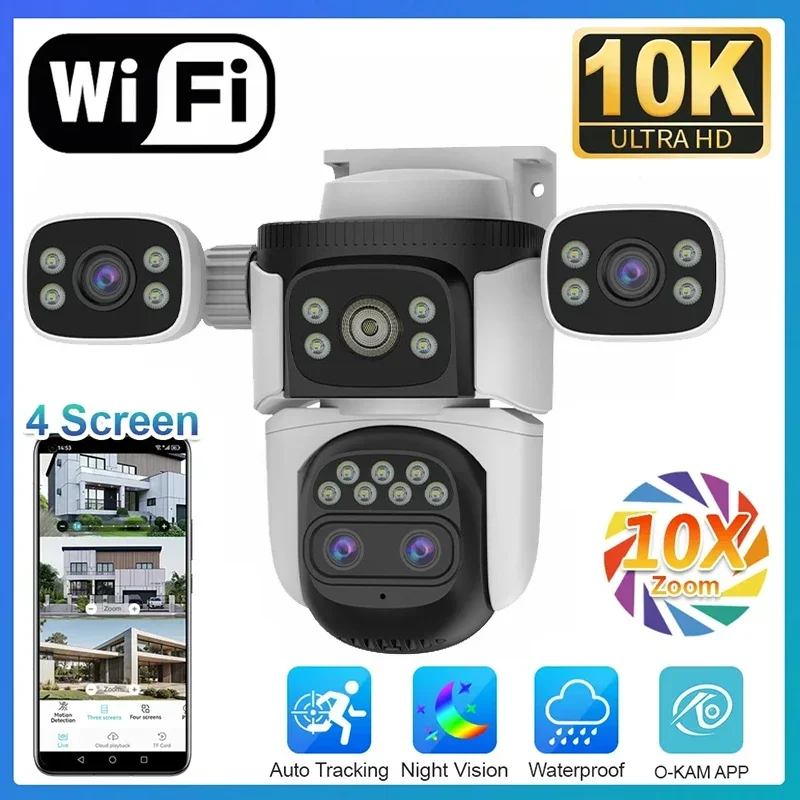 

WiFi Smart Camera 10X Zoom Monitoring Four Screens IP Camera Outdoor 20MP 10K Four Lens PTZ Human Auto Tracking Surveillance Cam