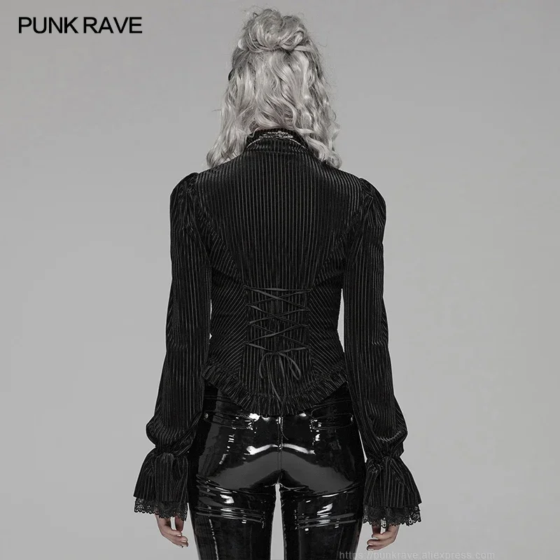 PUNK RAVE Women\'s Gothic Dark-Grain Velvet Elastic Long Sleeve Fashion Shirt Party Club Female Tops Shirts Blouse