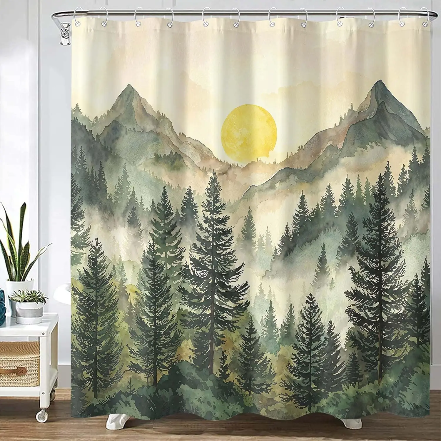 

Занавеска для душа с изображением горного леса, солнечного света и пейзажа, природные пейзажи, сосны, вид на долину, декор для ванной комнаты