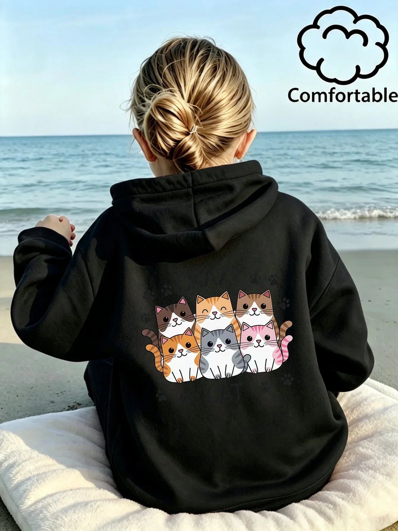 Kids Girls Pink Cute Cat Graphic Printed Hoodie Teen Crazy Cat Paw Print Sweatshirt Loose Back Print Autumn Winter Top