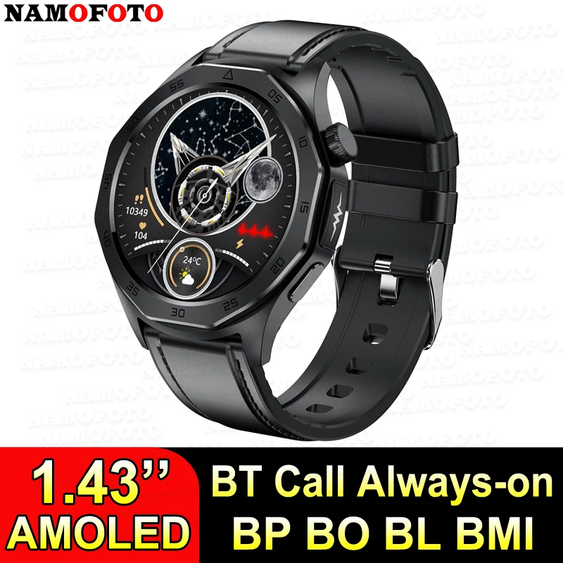 

NAMOFOTO New ECG Smart Watch 1.43'' AMOLED Clock HR Blood Pressure Lipid Uric Acid BMI BT Call Wristwatch Men Fitness Smartwatch