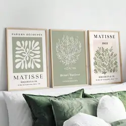 Set of 3 Sage Green Spring Floral Matisse Wall Art Canvases, Green Plant Print Posters, Bohemian Wall Art, Matisse Art Gallery Wall, Henri Matisse Prints, Minimalist Modern Home Decor, Wall Decoration, Living Room Gift, Bedroom Aesthetic Wall Art, Unframed