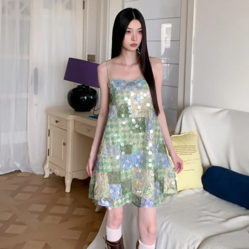 Y2k Coquette Casual Shiny Green Plaid Sequined Lace Patchwork Loose Mini Camisole Sundress Summer For Women Vacation Beach Party