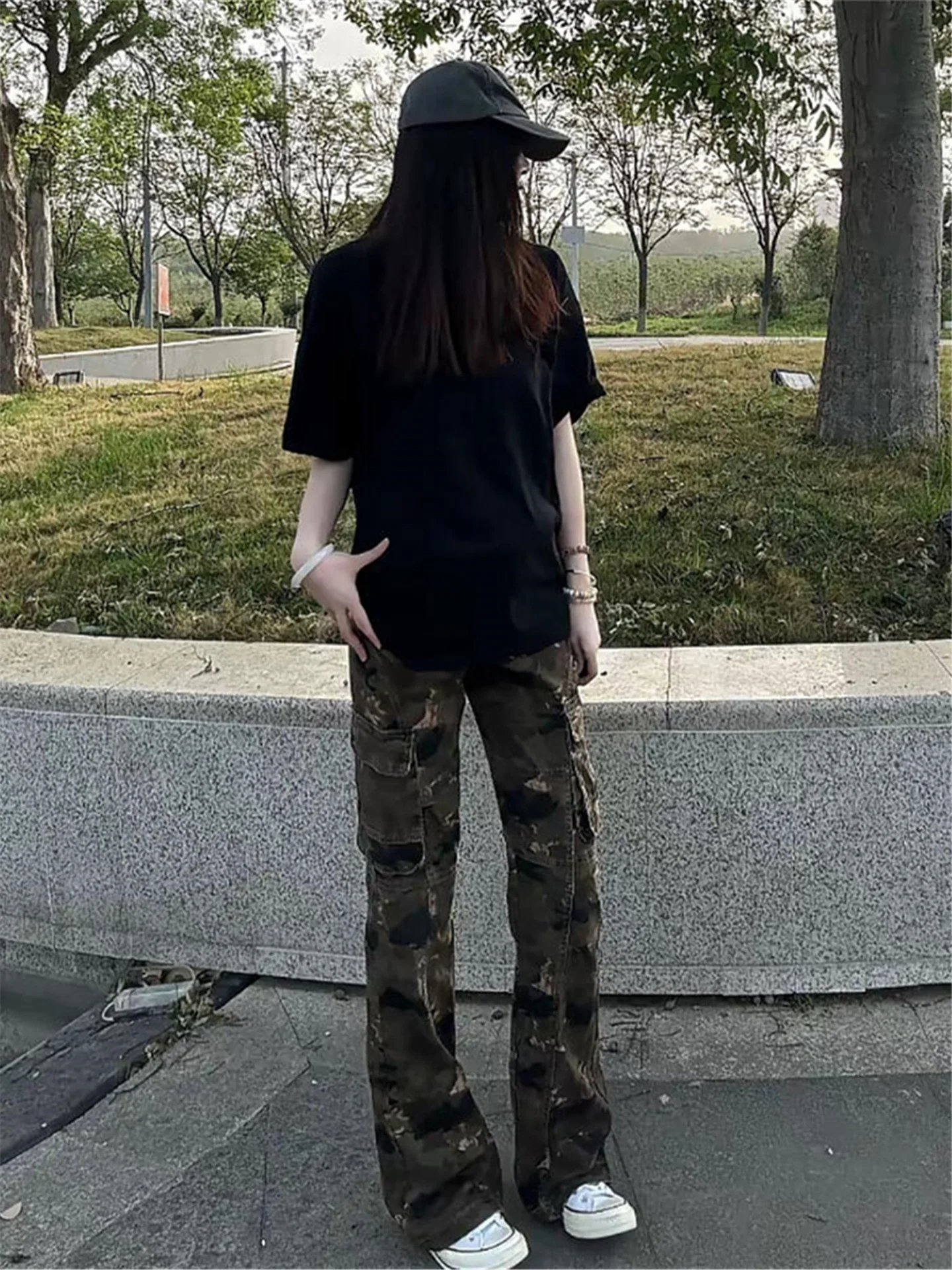 American Style Streetwear Vintage Camouflage Low Waist Workwear Jeans Women's Extended Length Tall Micro Flared Pants