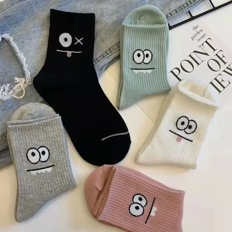 5 Pairs Cute Expression Print Socks, Comfy & Funny All-match Mid Tube Socks, Women Stockings & Hosiery