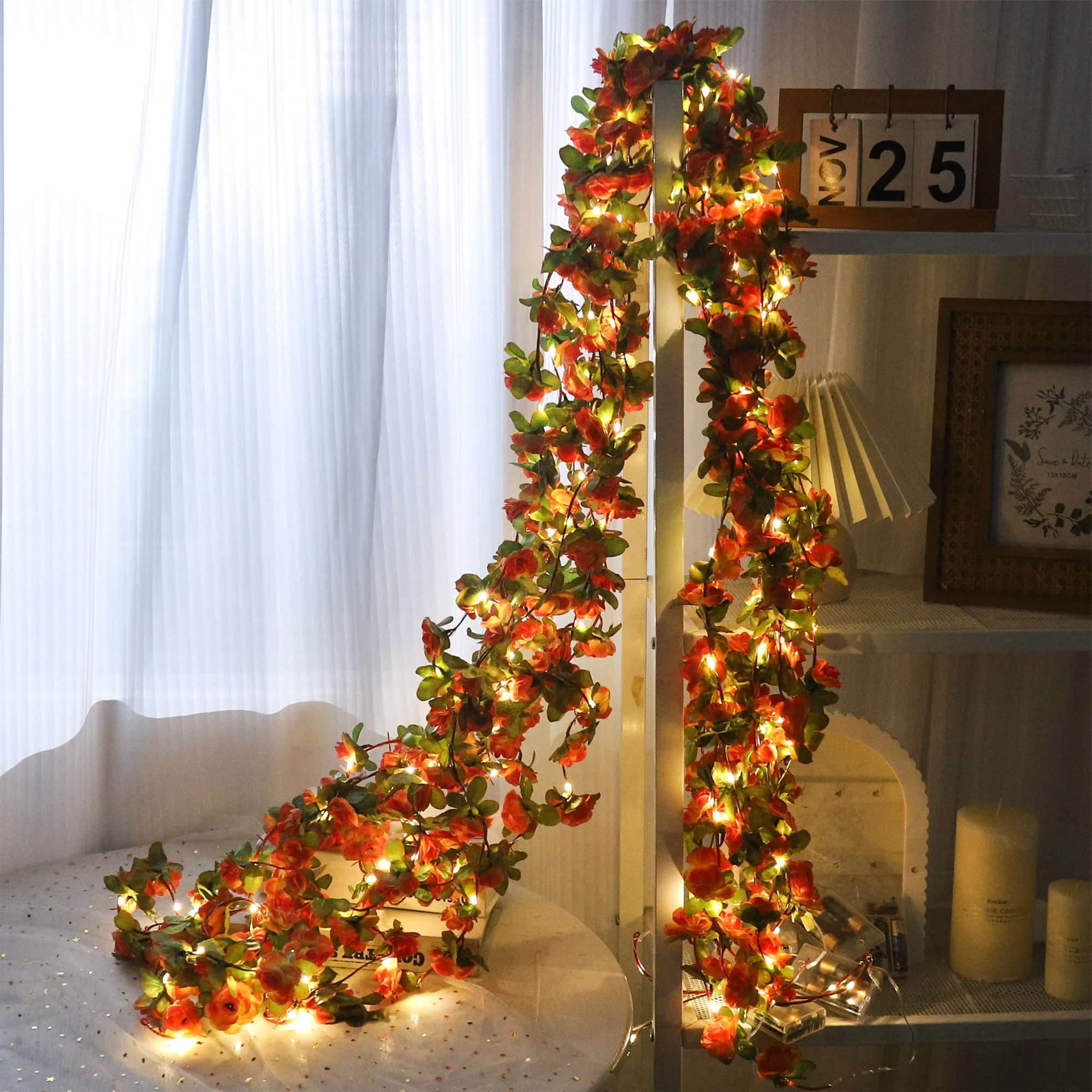 Rose LED Lights String Artificial Flowers Ivy Leaves Wedding Garland Home Room Decoration Arch Hanging Wall Garden Party Decor - view 6