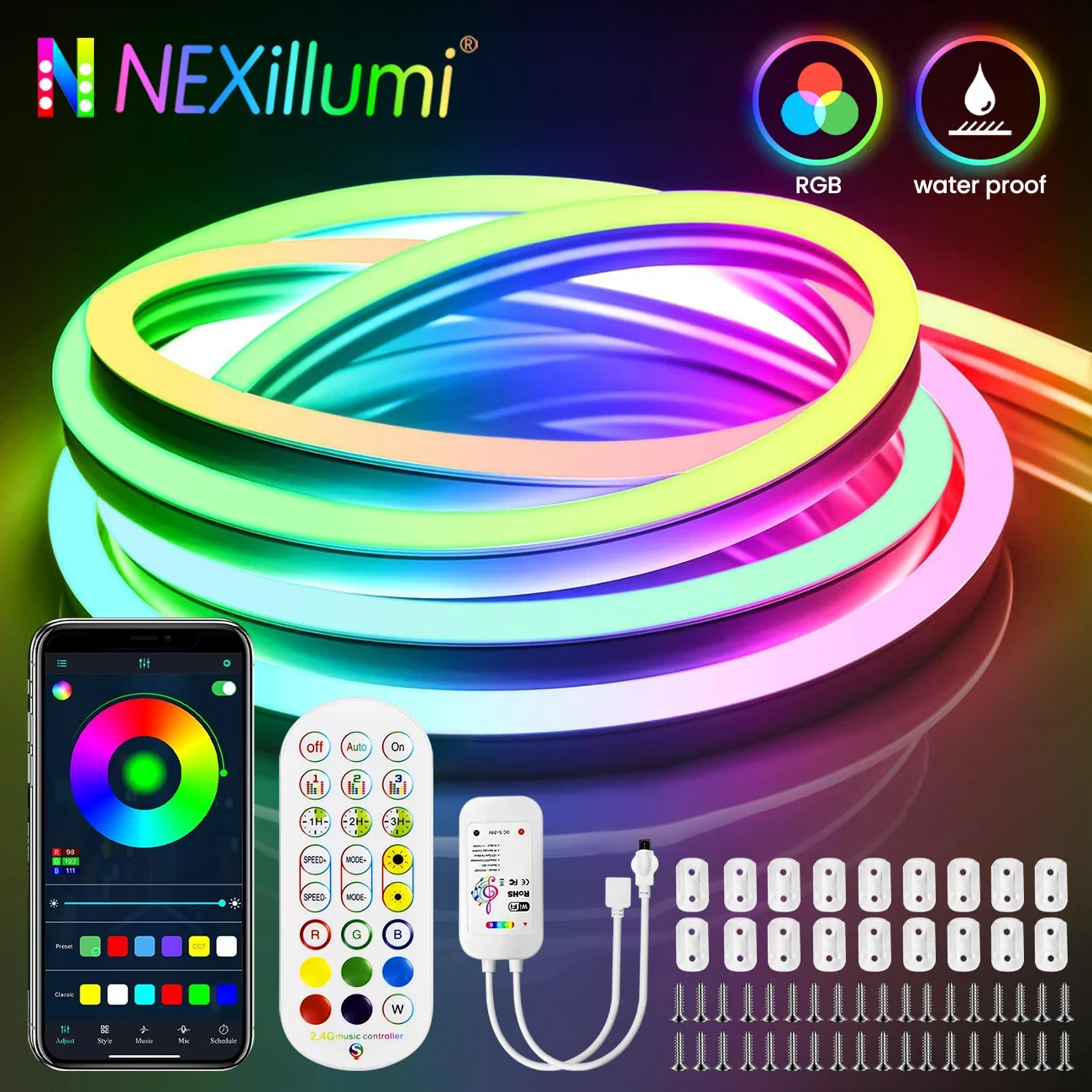 

10M/5M RGB Smart WIFI Neon LED Strip Light Compatible with Alexa, 12V 108leds/m Waterproof Music Sync DIY Tape Controlled by APP