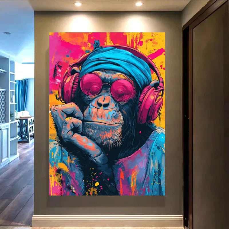 Lebendiges Chill-Chimpanse-Leinwandbild, Farbenfrohe Urban Pop Art, Musikliebhaber-Affen-Wandkunst, Ausgefallenes Tierporträt zur Heimdekoration