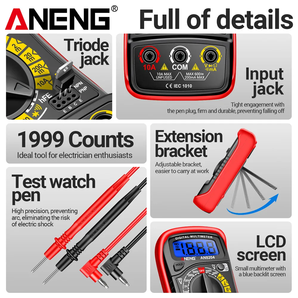 Multifunctional Test Tools 1999 Counts Digital High Precision ANENG AN8204 Multimeter AC/DC Voltage DC Current hFE Triode Buzzer