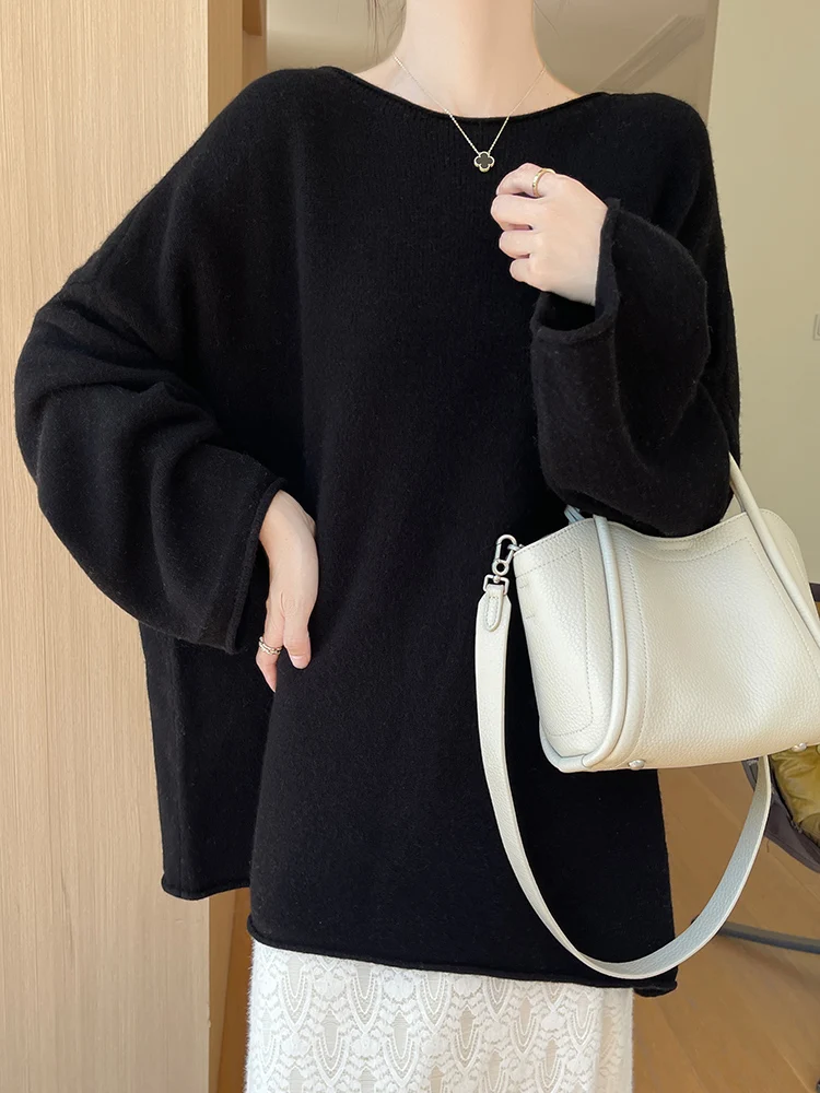 Fashion Women O-neck Pullover 100% Merino Wool Sweater Autumn Winter Long Sleeve Loose Cashmere Mid-Long Style Knitwear Clothing