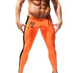 Men Running Tights Orange Gym Leggings Man Compression Pants Low Rise Jogging Mallas Hombre M-XL Sport Legging Cycling Pants