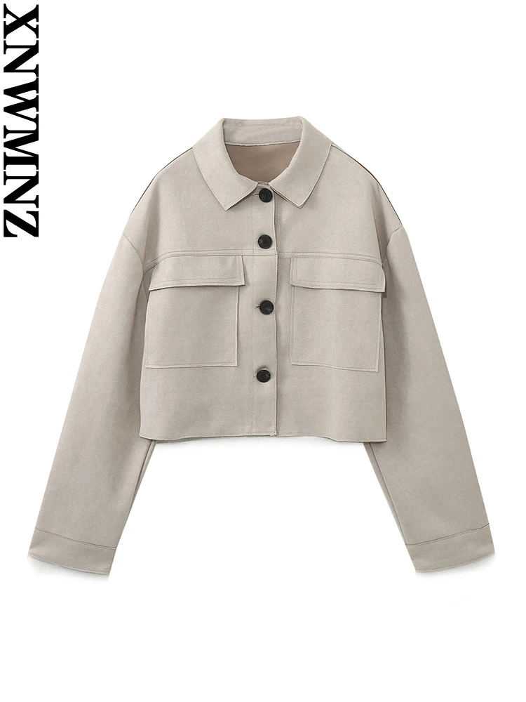 XNWMNZ Women\'s Fashion 2023 Faux Suede Crop Jacket Women Vintage Lapel Long Sleeve Front Button Versatile Female Coat