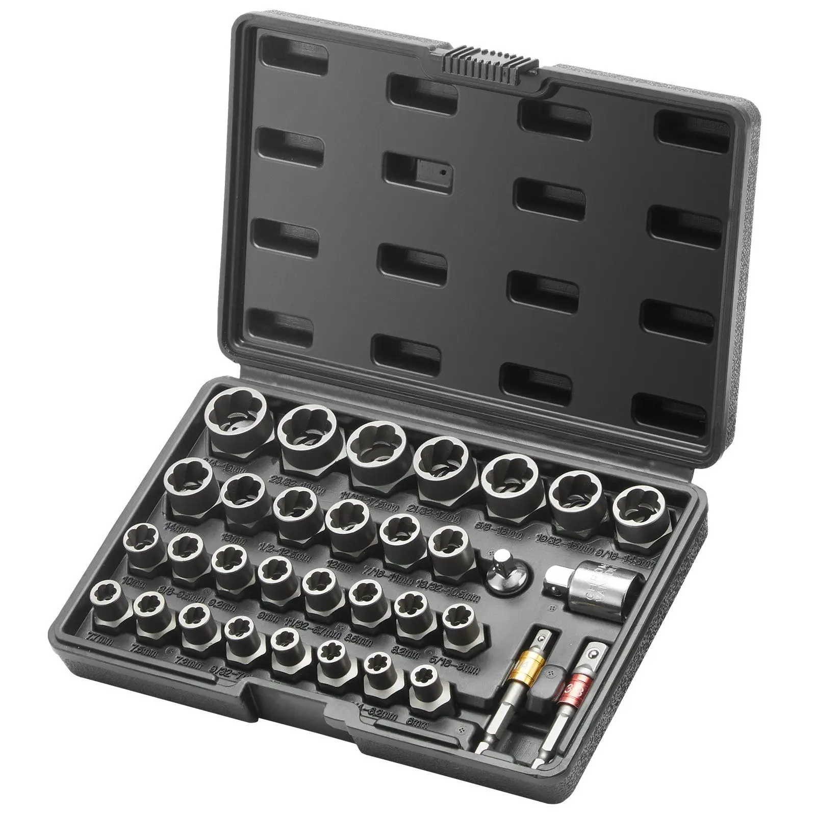 

Efficient Bolt Remover Kit 29 Pieces 6mm-10mm Laser-Engraved Sizes Cr-Mo Alloy Sockets with Waterproof Carrier Case