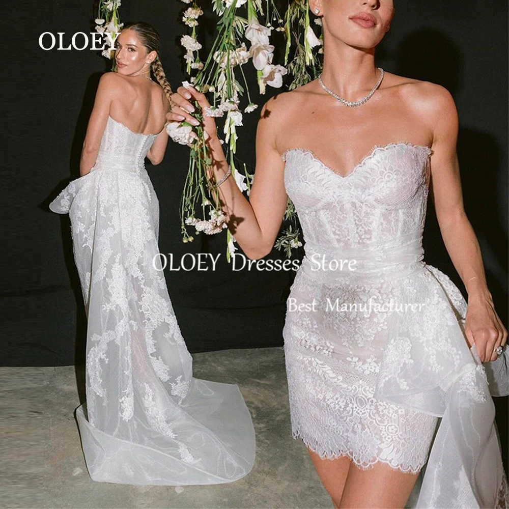 

OLOEY Sexy Ivory Lace Mini Wedding Dress Sleeveless Straight Short Bridal Gown Sweetheart Pearls Back Custom Made Long Train