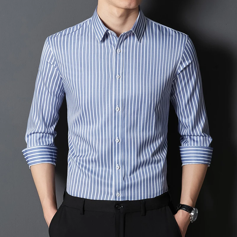 Men\'s business striped slightly elastic slim-fit fashionable casual comfortable handsome long-sleeved shirt classic formal wear