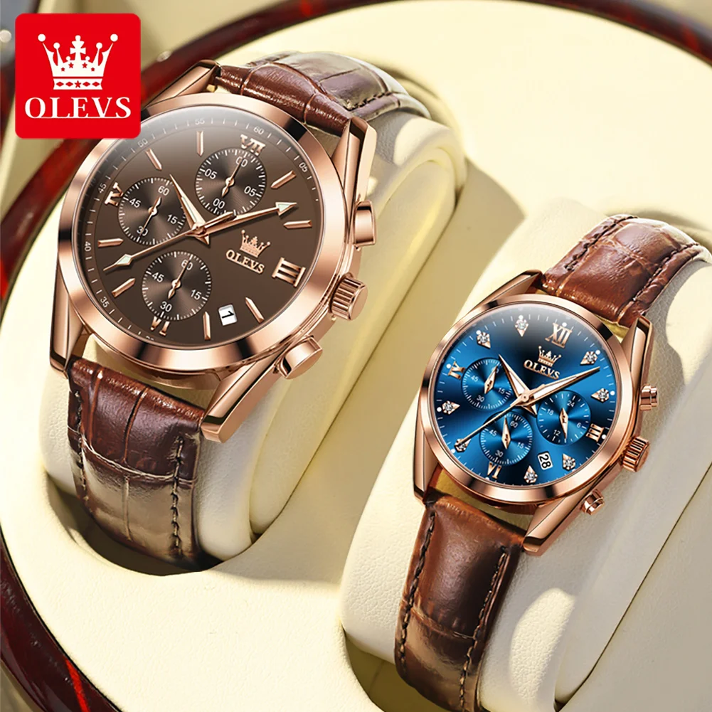 OLEVS-Montre à quartz chronographe de marque de luxe pour hommes et femmes, bracelet en cuir, étanche, calendrier Shoe, montres de couple à la mode