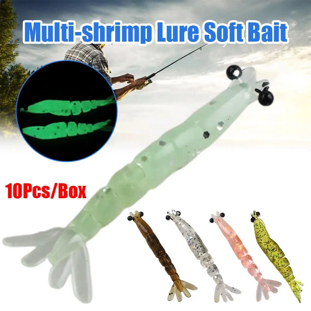 10 Peças Mini Iscas Artificiais Luminosas de Silicone Macio em Formato de Minhoca e Camarão para Pesca de Robalo 1.3g 58mm