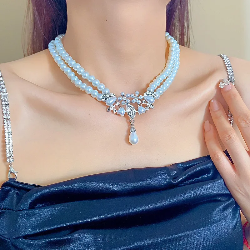 진주 꽃 목걸이 귀걸이 세트 여성을위한 우아한 라인 석 쥬얼리 세트 결혼식 날짜 파티 휴일