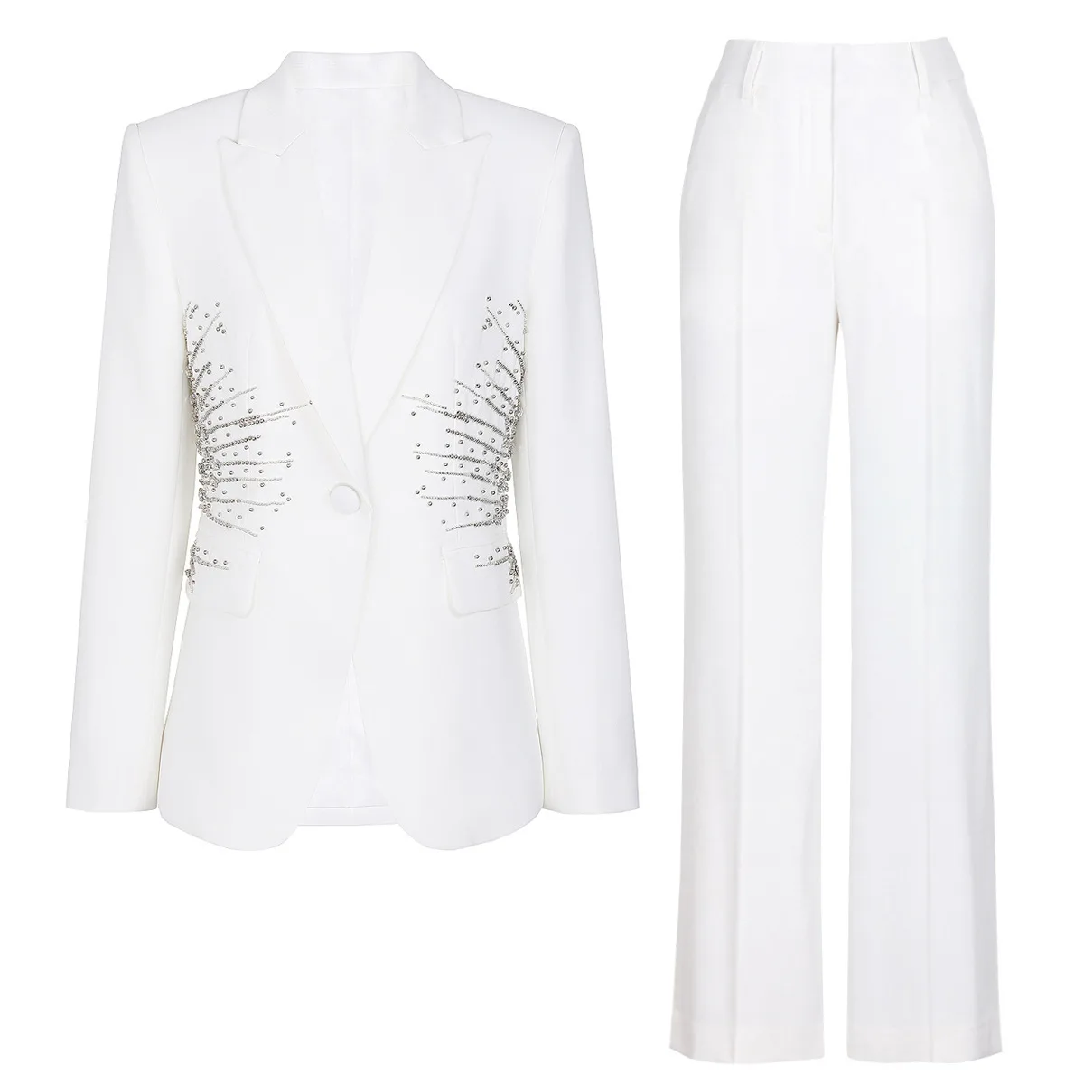 LEOSOXS ツーピース レディース セットアップ ラインストーン装飾ブレザー＆テーラードパンツ 永遠の高級感と洗練されたスタイル 2025