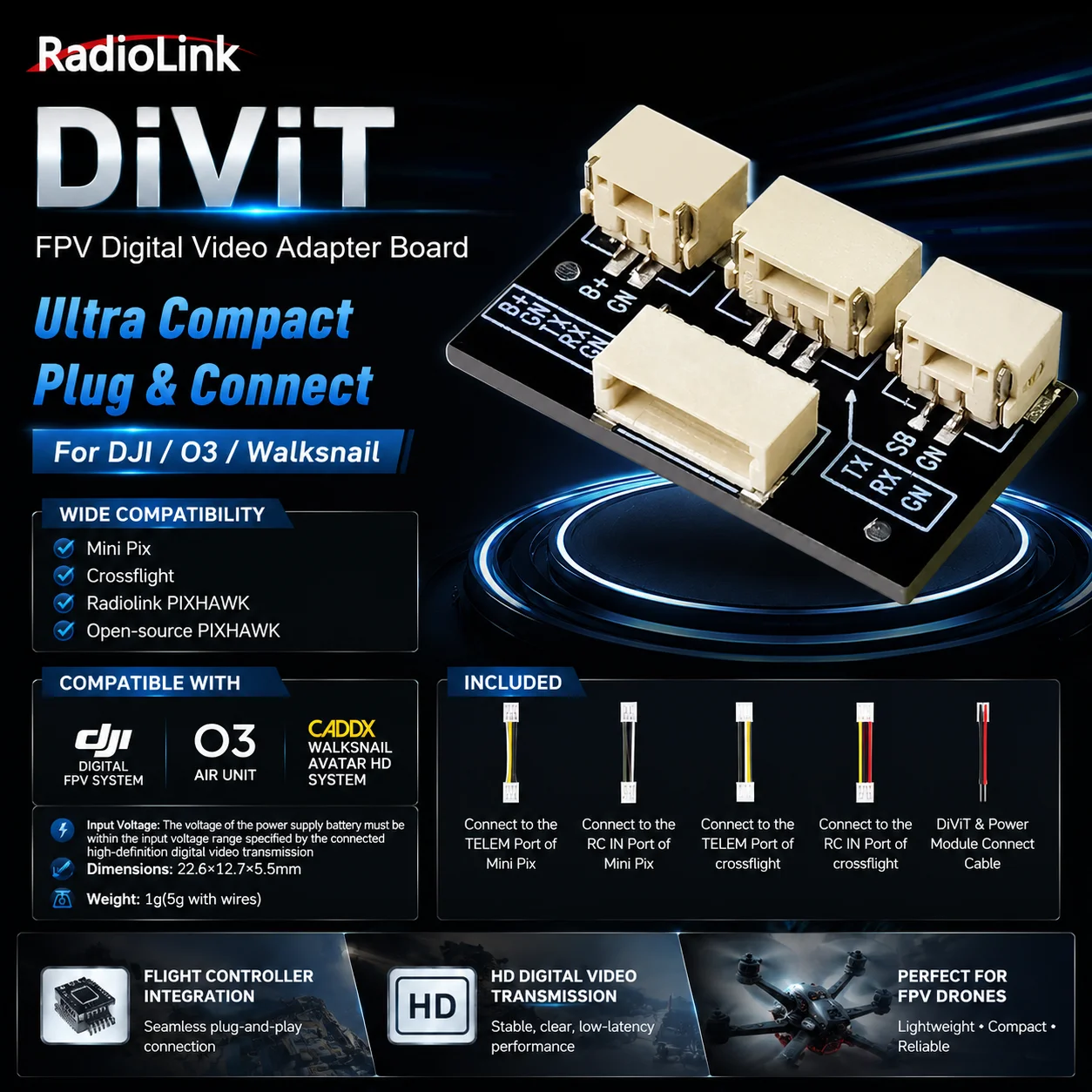 Radiolink DiViT Digital Video Transmission Adapter Board for Radiolink/Open-source PIXHAWK and DJI O3 Air CADDXFPV AVATAR V2