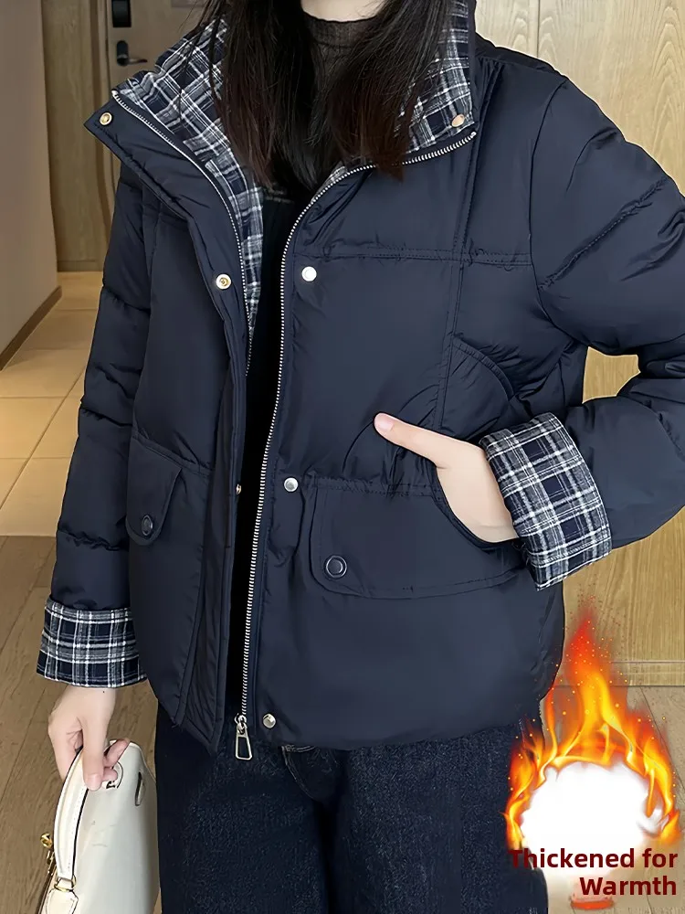 Women's Plaid Splicing Thiened Fce Lined ort Cotton Jaet Winter Warm Sli Commute Korean Sle Loose Fit Coat