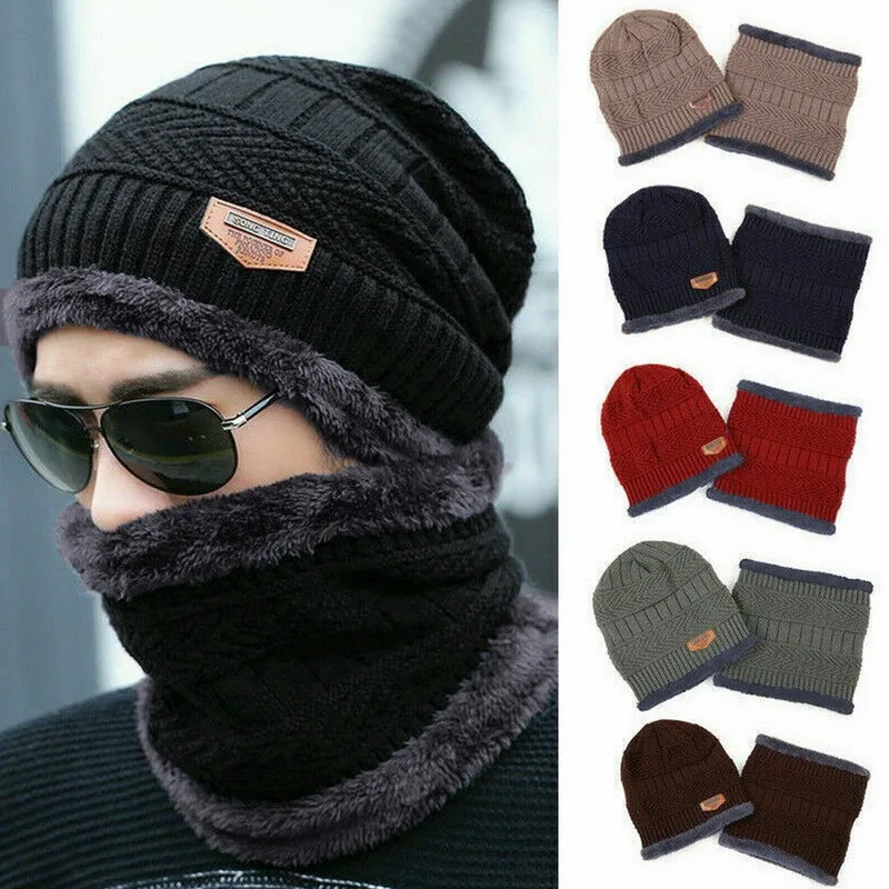 New Coral Fleece Scarf Winter Hat Knitted Soft Men's Beanie Warm Balaclava Cap Male Outdoor Brand Winter Ski Mask Hat Streetwear