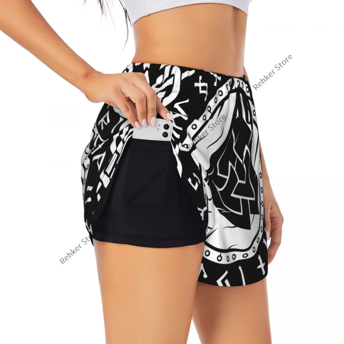 กางเกงกีฬาขาสั้นสตรีสแกนดิเนเวียนไวกิ้งเซลติกวิ่งโยคะฟิตเนสการฝึกแบดมินตันแห้งเร็วพร้อมกระเป๋า