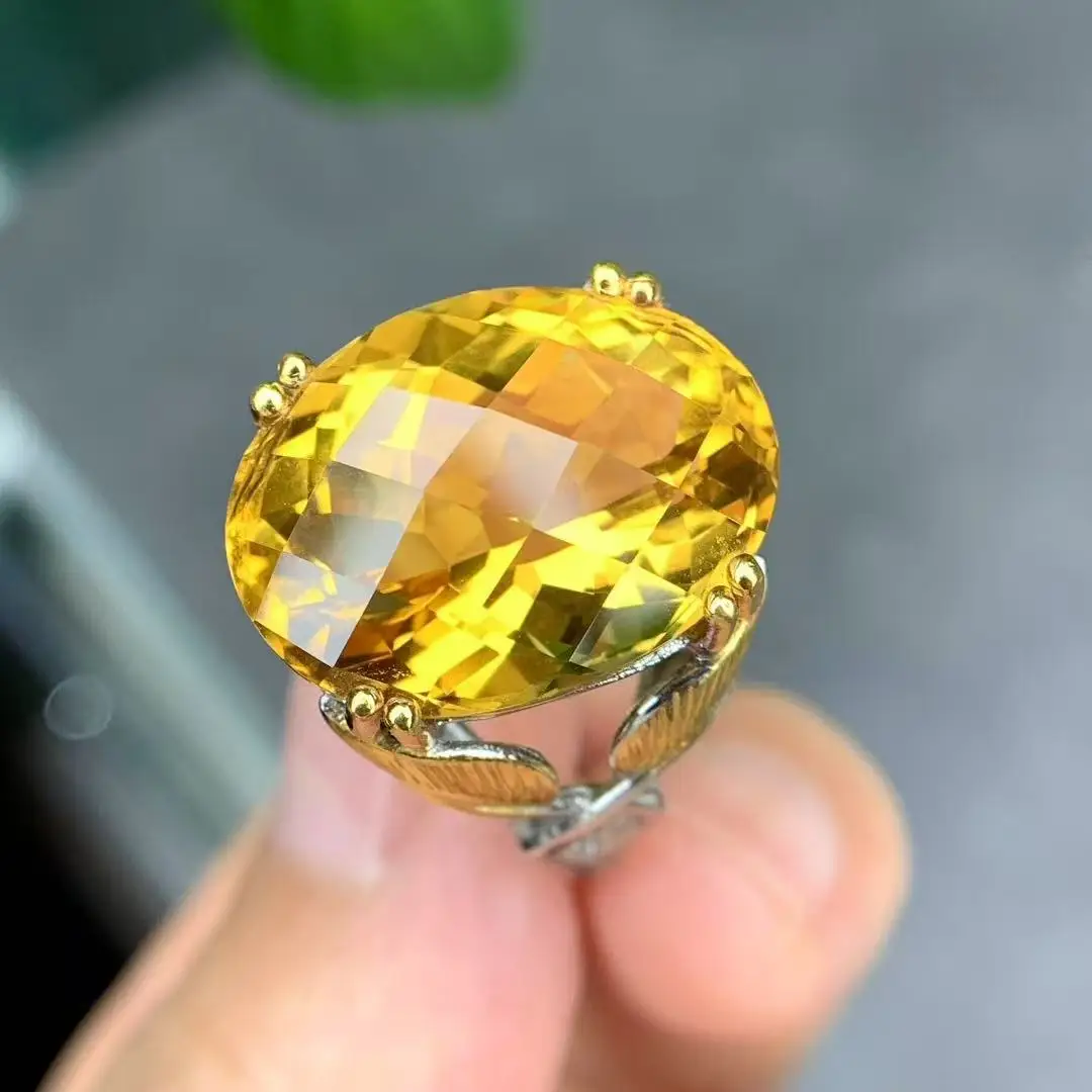 

Natural Citrine Ring, 925 Silver Two-Tone Fine Setting 15x19mm Handmade Chinese Fortune Jewelry Gift for Women