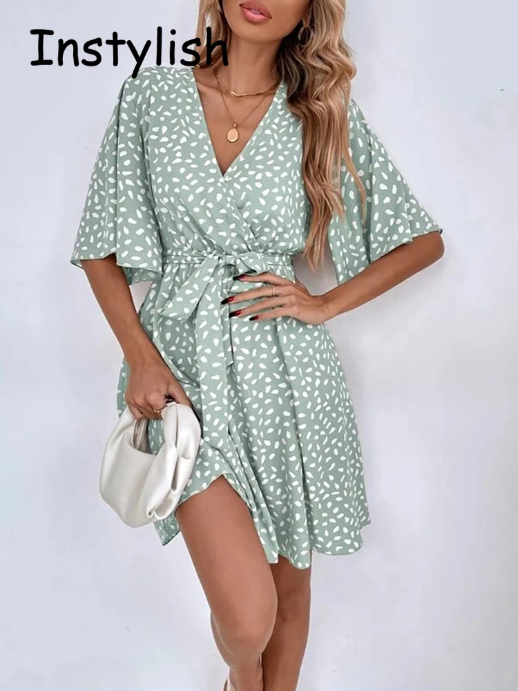 

Casual Dot Print Mini Dress with Belt Elegant Chic Half Sleeve V Neck A Line Sundress Vintage Harajuku Short Dress Beach Party