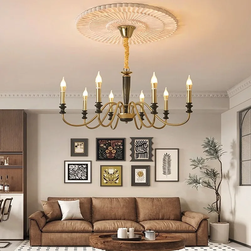 Simple American chandelier candle elbow iron chain pendant lamp living room dining room golden home decoration lighting