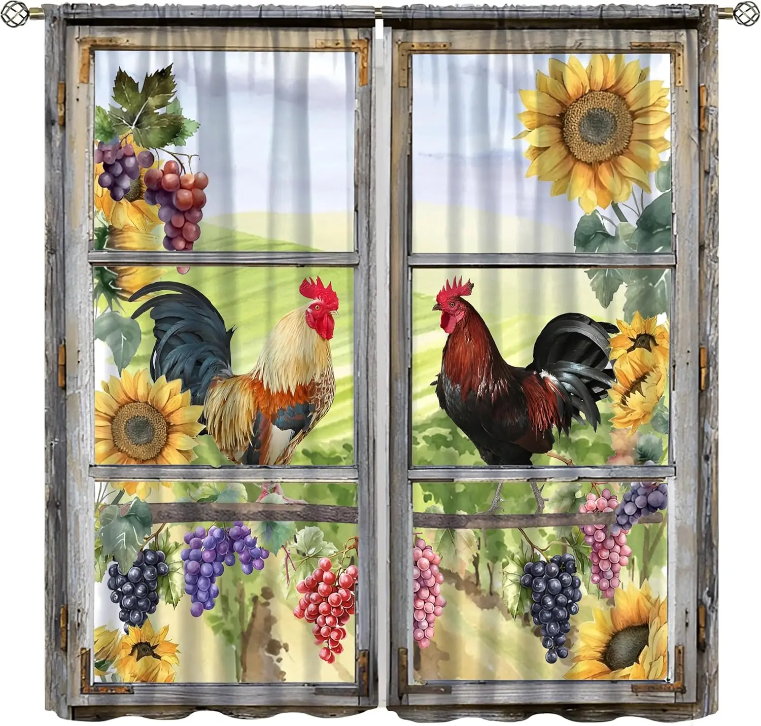 Rustic Rooster Window Curtain Wood Frame Sunflower Grape Farm Print Light Filter Drape For Kitchen Farmhouse Homestay Bedroom