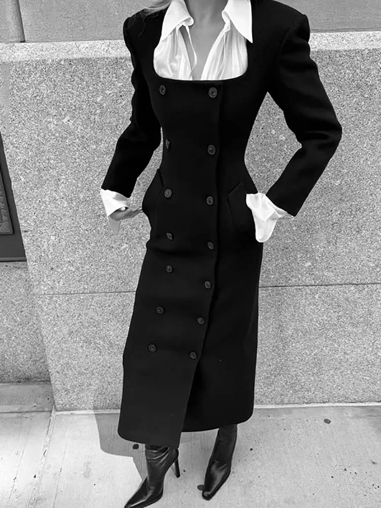 French square neck double-breasted wool woolen coat, new autumn and winter style waist-cinching and slimming long dress