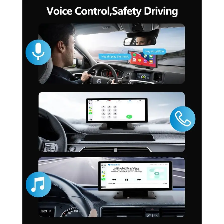 Экран Carplay с видеорегистратором 4K, беспроводной Carplay и Android Auto, 9,3-дюймовый портативный сенсорный экран для автомобиля с резервной камерой 1080P