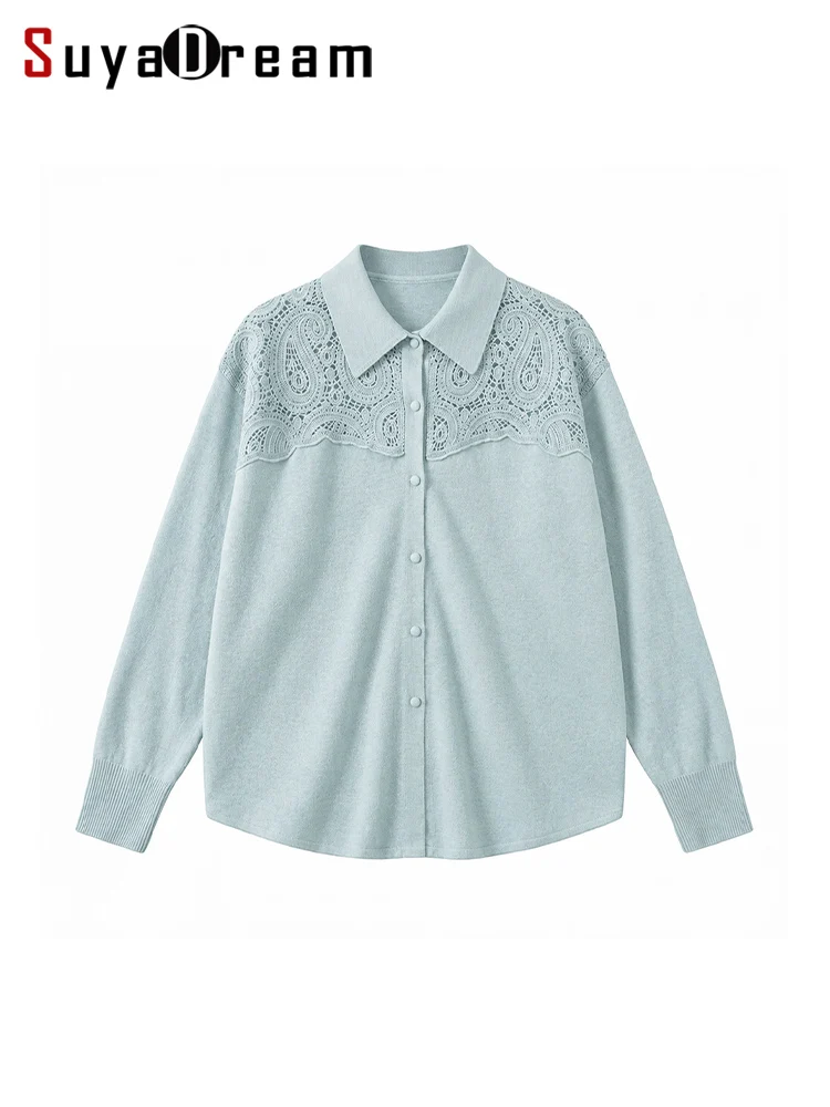SuyaDream, Women 100% Wool Shirt Collar Crochet Knit Cardigan Elegant Commuter Autumn Winter Ladies Sweater Coat