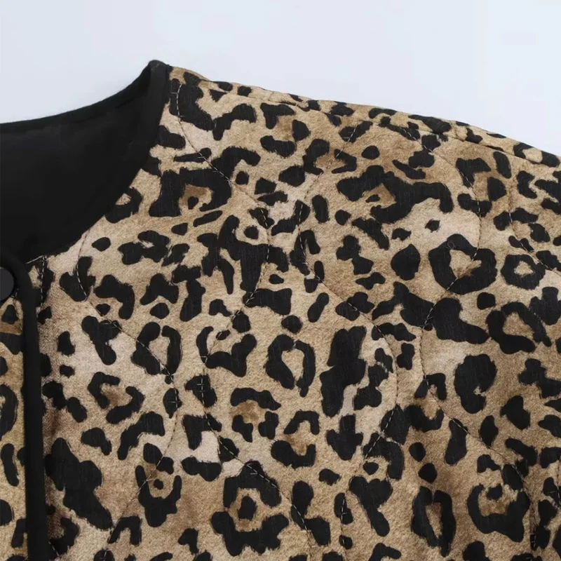TRAF Parkas Leopard Winter Coats Woman Vintage Animal Print Quilted Jacket Women Autumn Long Sleeve Padded Jacket Short Coats
