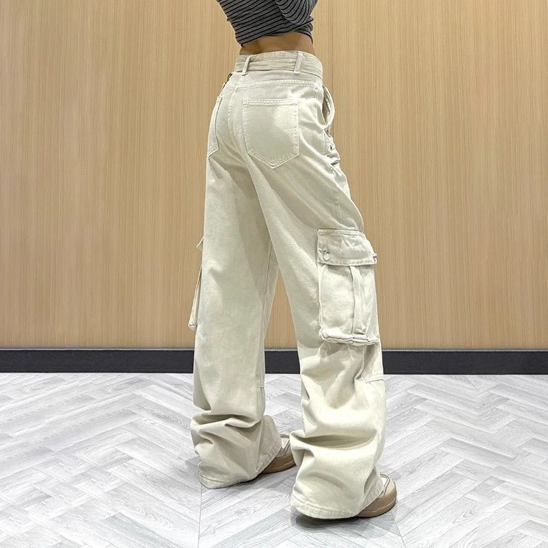2025 autumn and winter new street versatile multi-pocket tooling jeans women's casual loose and thin wide-leg trousers