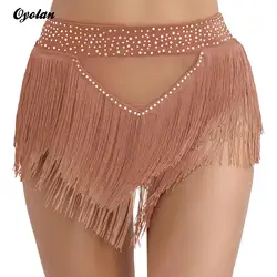 Womens Tassel Belly Dance Shorts Samba Latin Dancewear Shiny Rhinestone Bottoms High Elastic See Through Mesh Briefs Underwear