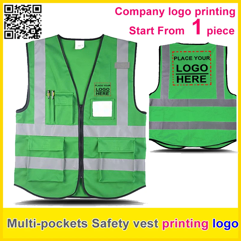 Custom Printing Company Logo Multi Pockets Safety Reflective Green Vest Work Vest Traffic Uniform