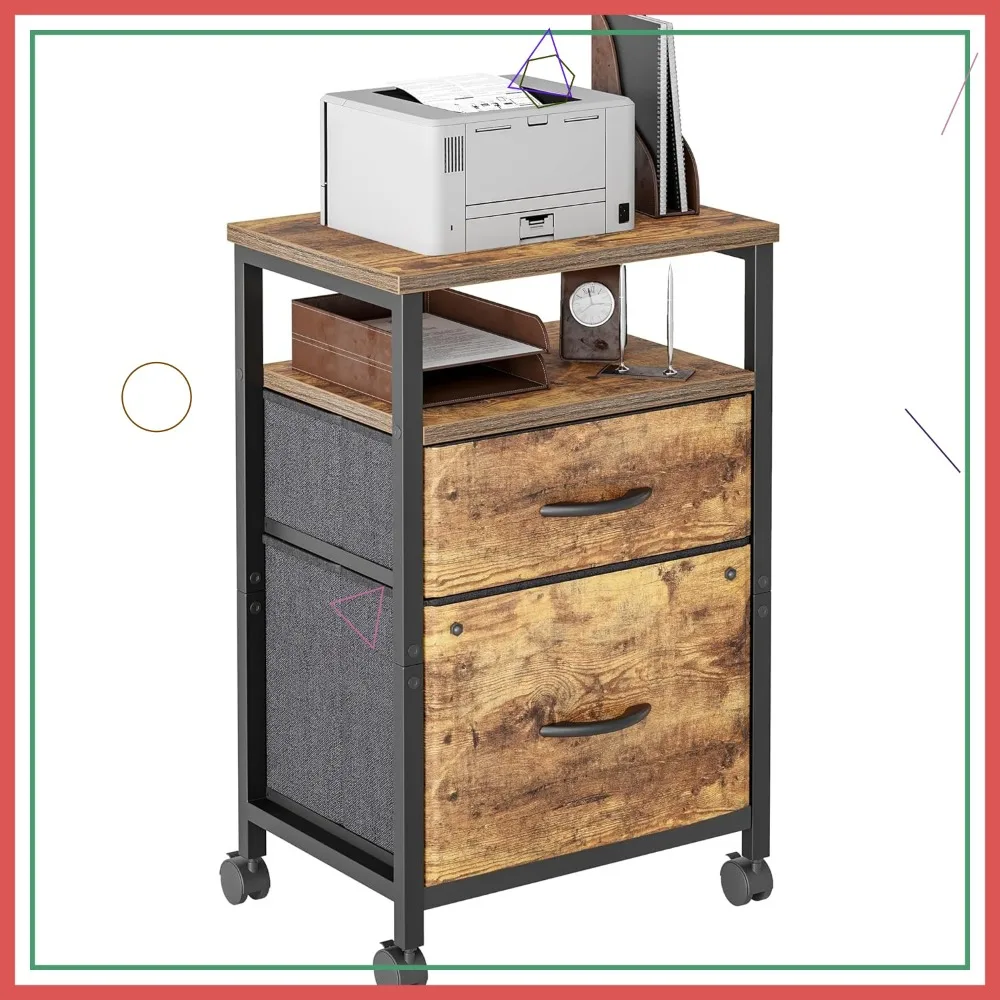 

2-Drawer Rolling File Cabinet with Open Shelf, Fabric Vertical Organizer for A4/Letter Size Home Office, Brown