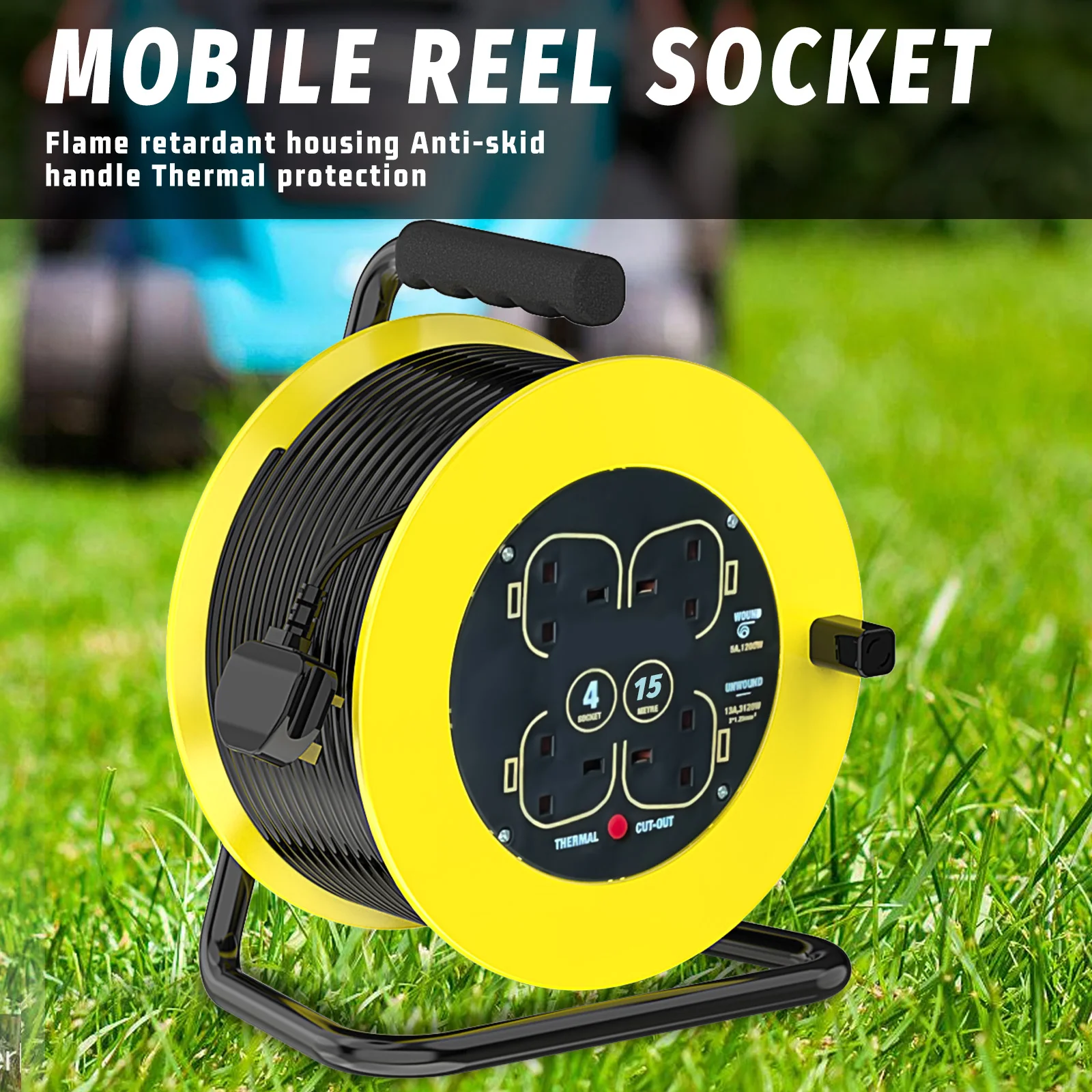 50M Metres 4 Socket Open Cable Reel Extension Lead, 13A 4 Socket Heavy Duty Extension Cable, For Garden Lawn Mower Office